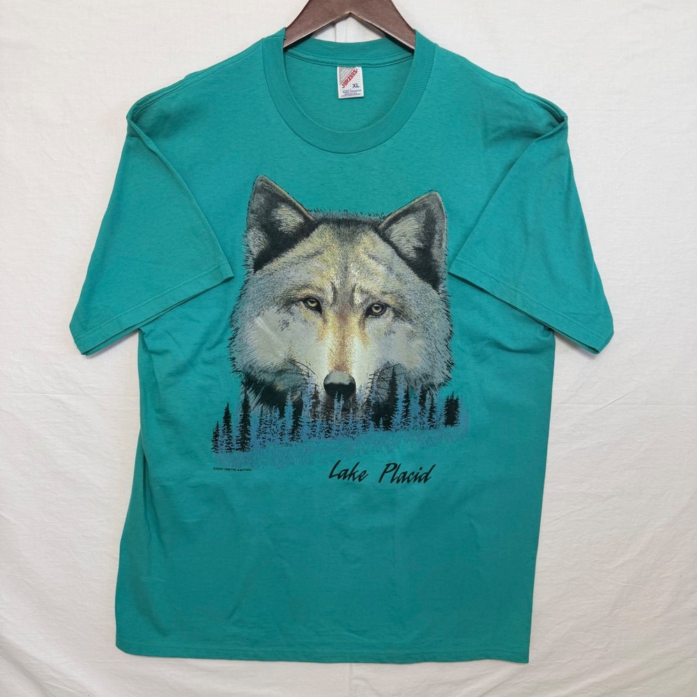 Vintage 90s Lake Placid Wolf Graphic T Shirt Mens XL Jerzees USA Randy Martin